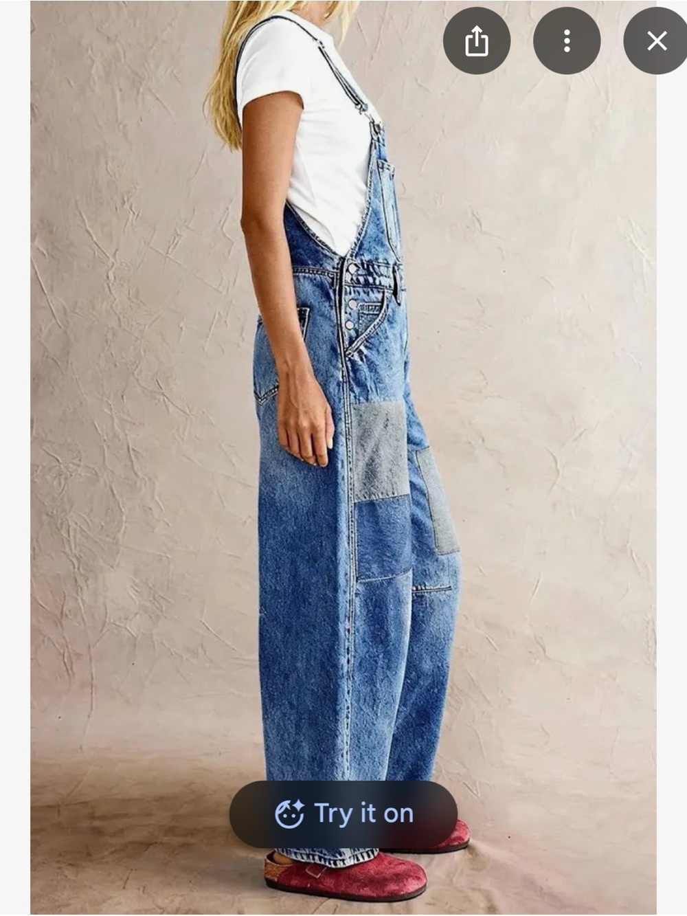 Flamingals Denim Patchwork Oversized Barrel Leg Overalls NWOT